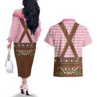 Lederhosen Oktoberfest Couples Matching Off The Shoulder Long Sleeve Dress and Hawaiian Shirt Pink Edelweiss Floral Polka Dots - Wonder Print Shop