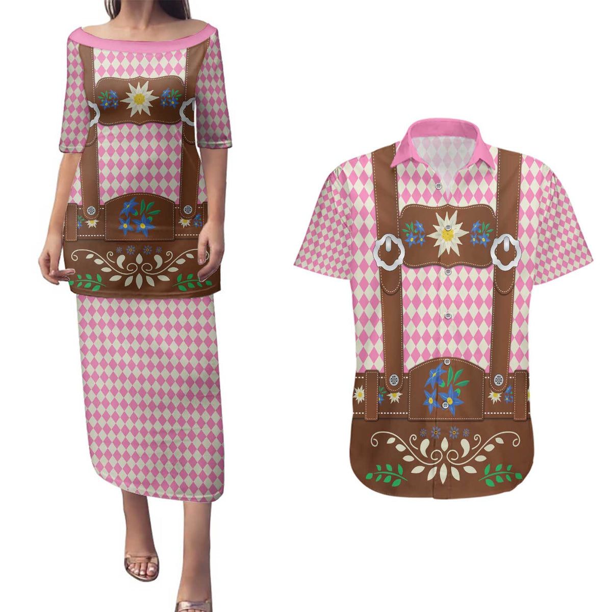 Lederhosen Oktoberfest Couples Matching Puletasi and Hawaiian Shirt Pink Edelweiss Floral Polka Dots - Wonder Print Shop
