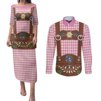 Lederhosen Oktoberfest Couples Matching Puletasi and Long Sleeve Button Shirt Pink Edelweiss Floral Polka Dots - Wonder Print Shop