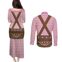 Lederhosen Oktoberfest Couples Matching Puletasi and Long Sleeve Button Shirt Pink Edelweiss Floral Polka Dots - Wonder Print Shop