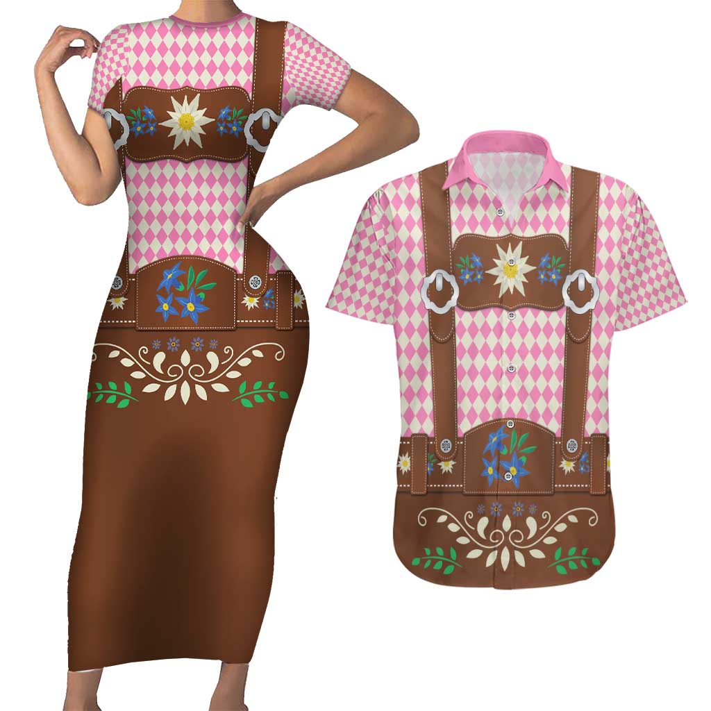 Lederhosen Oktoberfest Couples Matching Short Sleeve Bodycon Dress and Hawaiian Shirt Pink Edelweiss Floral Polka Dots - Wonder Print Shop