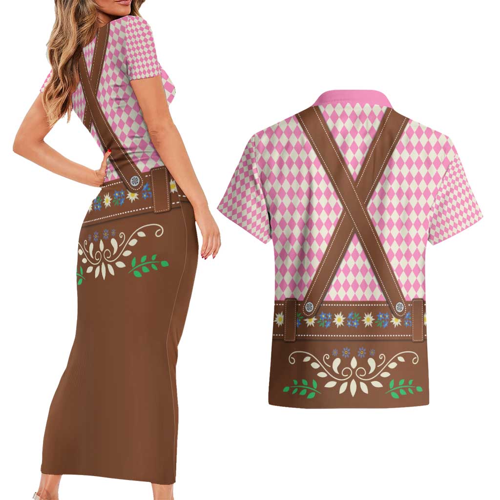 Lederhosen Oktoberfest Couples Matching Short Sleeve Bodycon Dress and Hawaiian Shirt Pink Edelweiss Floral Polka Dots - Wonder Print Shop