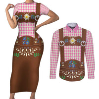 Lederhosen Oktoberfest Couples Matching Short Sleeve Bodycon Dress and Long Sleeve Button Shirt Pink Edelweiss Floral Polka Dots - Wonder Print Shop