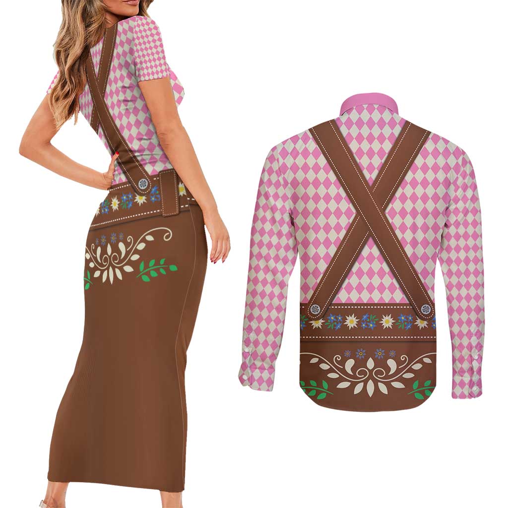Lederhosen Oktoberfest Couples Matching Short Sleeve Bodycon Dress and Long Sleeve Button Shirt Pink Edelweiss Floral Polka Dots - Wonder Print Shop