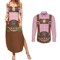Lederhosen Oktoberfest Couples Matching Summer Maxi Dress and Long Sleeve Button Shirt Pink Edelweiss Floral Polka Dots - Wonder Print Shop