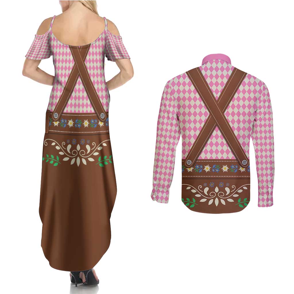 Lederhosen Oktoberfest Couples Matching Summer Maxi Dress and Long Sleeve Button Shirt Pink Edelweiss Floral Polka Dots - Wonder Print Shop