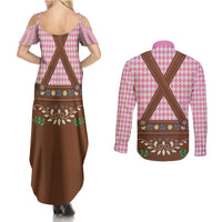 Lederhosen Oktoberfest Couples Matching Summer Maxi Dress and Long Sleeve Button Shirt Pink Edelweiss Floral Polka Dots - Wonder Print Shop