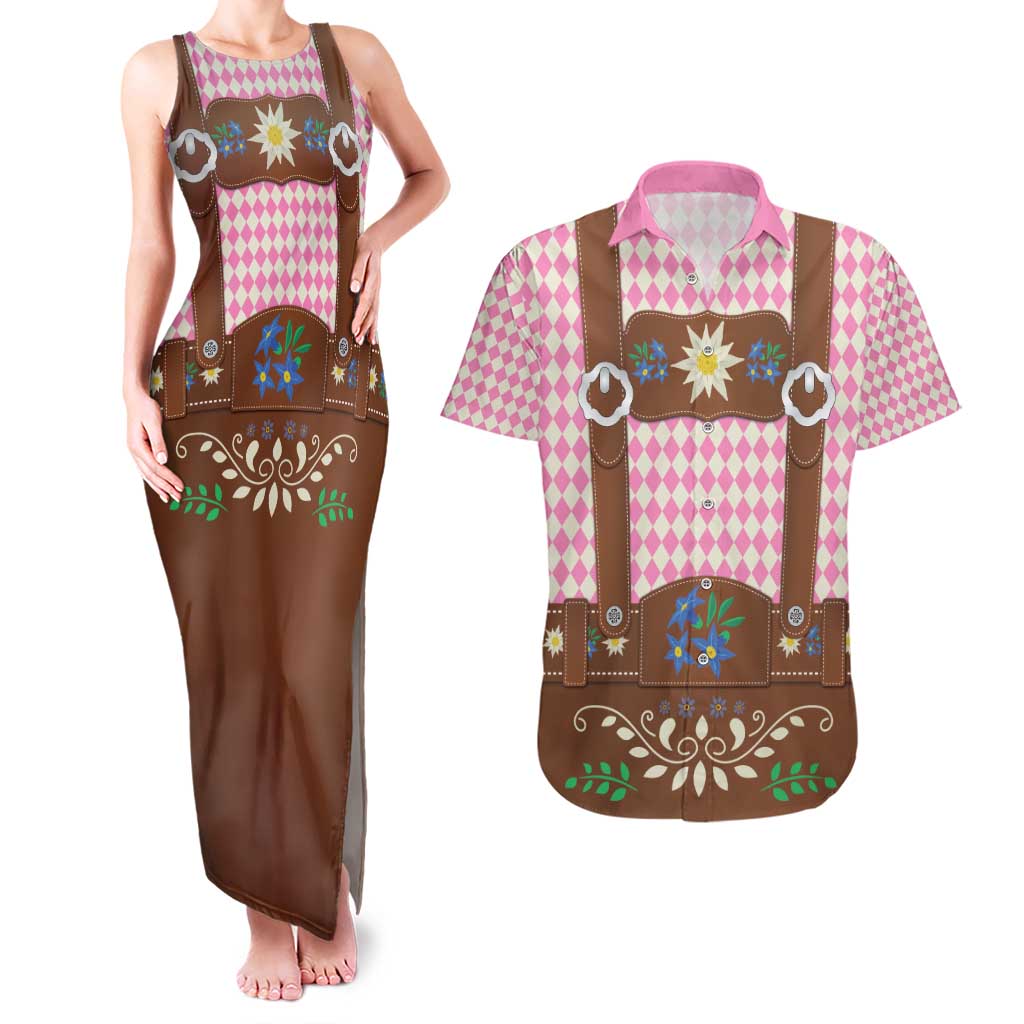 Lederhosen Oktoberfest Couples Matching Tank Maxi Dress and Hawaiian Shirt Pink Edelweiss Floral Polka Dots - Wonder Print Shop