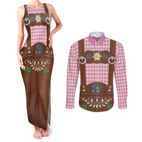 Lederhosen Oktoberfest Couples Matching Tank Maxi Dress and Long Sleeve Button Shirt Pink Edelweiss Floral Polka Dots - Wonder Print Shop