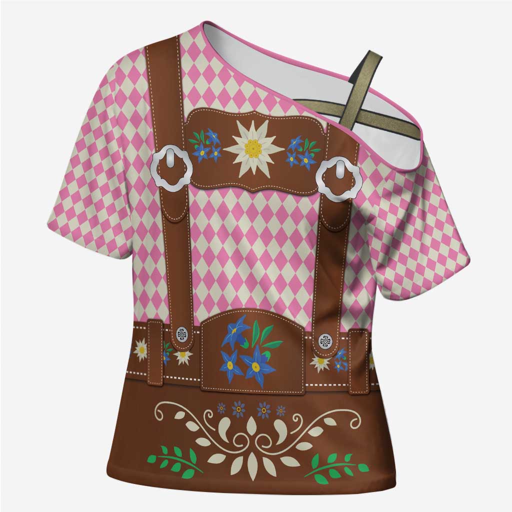 Lederhosen Oktoberfest Cross Shoulder Shirt Pink Edelweiss Floral Polka Dots - Wonder Print Shop