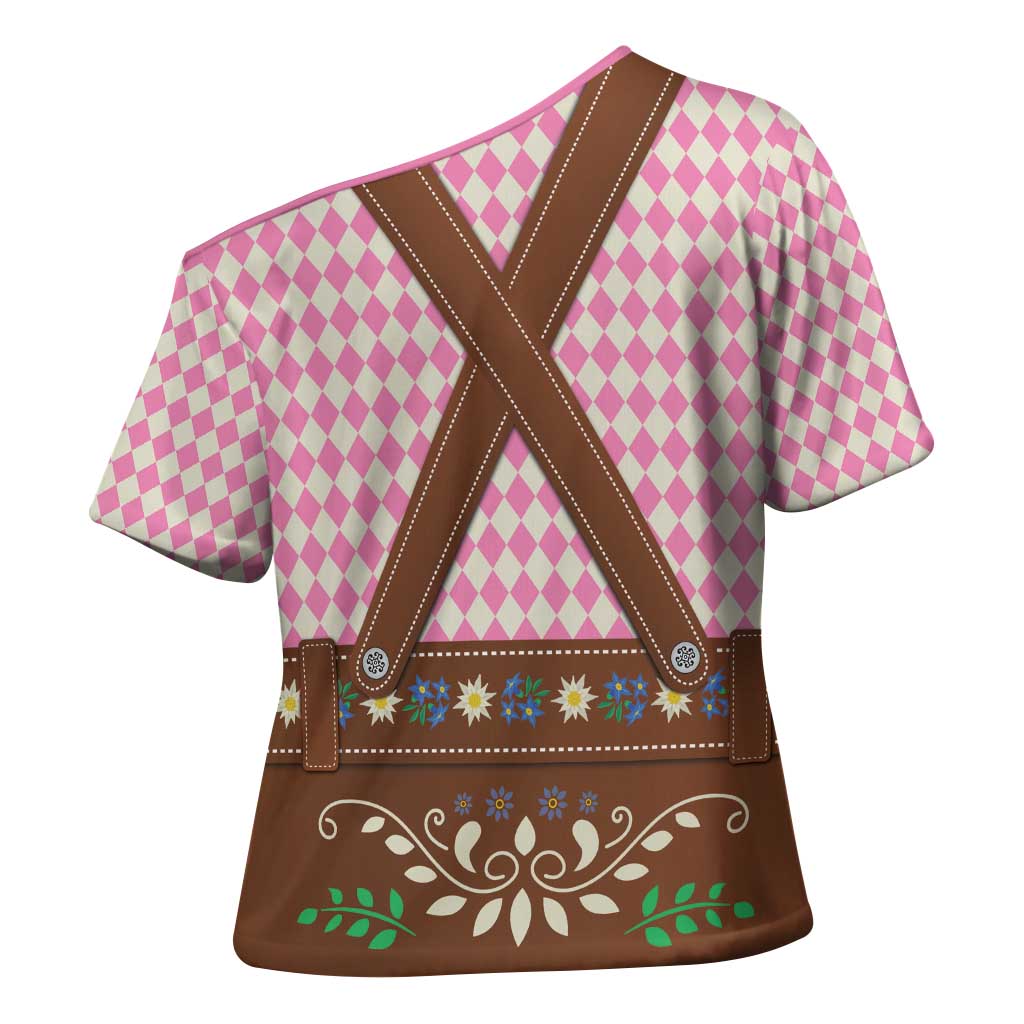 Lederhosen Oktoberfest Cross Shoulder Shirt Pink Edelweiss Floral Polka Dots - Wonder Print Shop