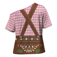 Lederhosen Oktoberfest Cross Shoulder Shirt Pink Edelweiss Floral Polka Dots - Wonder Print Shop