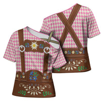 Lederhosen Oktoberfest Cross Shoulder Shirt Pink Edelweiss Floral Polka Dots - Wonder Print Shop