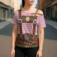 Lederhosen Oktoberfest Cross Shoulder Shirt Pink Edelweiss Floral Polka Dots - Wonder Print Shop