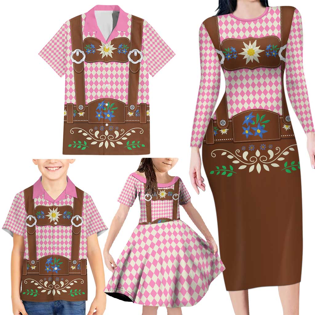 Lederhosen Oktoberfest Family Matching Long Sleeve Bodycon Dress and Hawaiian Shirt Pink Edelweiss Floral Polka Dots - Wonder Print Shop