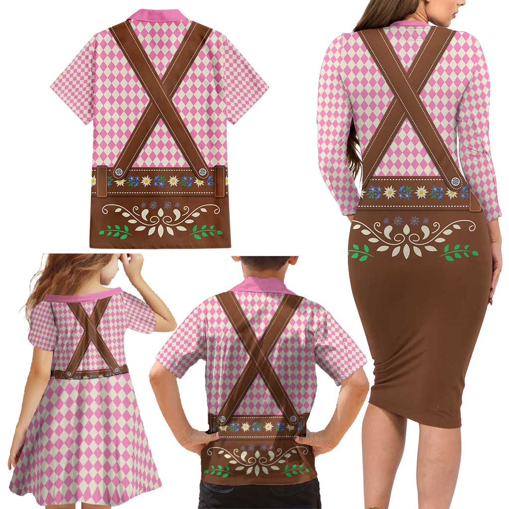 Lederhosen Oktoberfest Family Matching Long Sleeve Bodycon Dress and Hawaiian Shirt Pink Edelweiss Floral Polka Dots - Wonder Print Shop