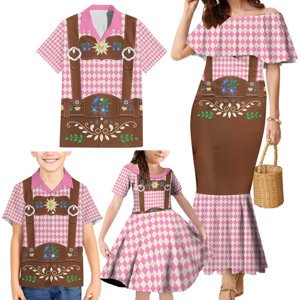 Lederhosen Oktoberfest Family Matching Mermaid Dress and Hawaiian Shirt Pink Edelweiss Floral Polka Dots - Wonder Print Shop