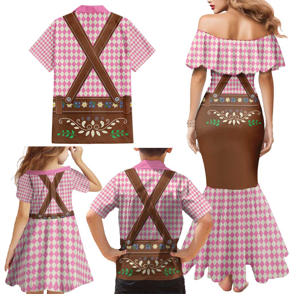 Lederhosen Oktoberfest Family Matching Mermaid Dress and Hawaiian Shirt Pink Edelweiss Floral Polka Dots - Wonder Print Shop