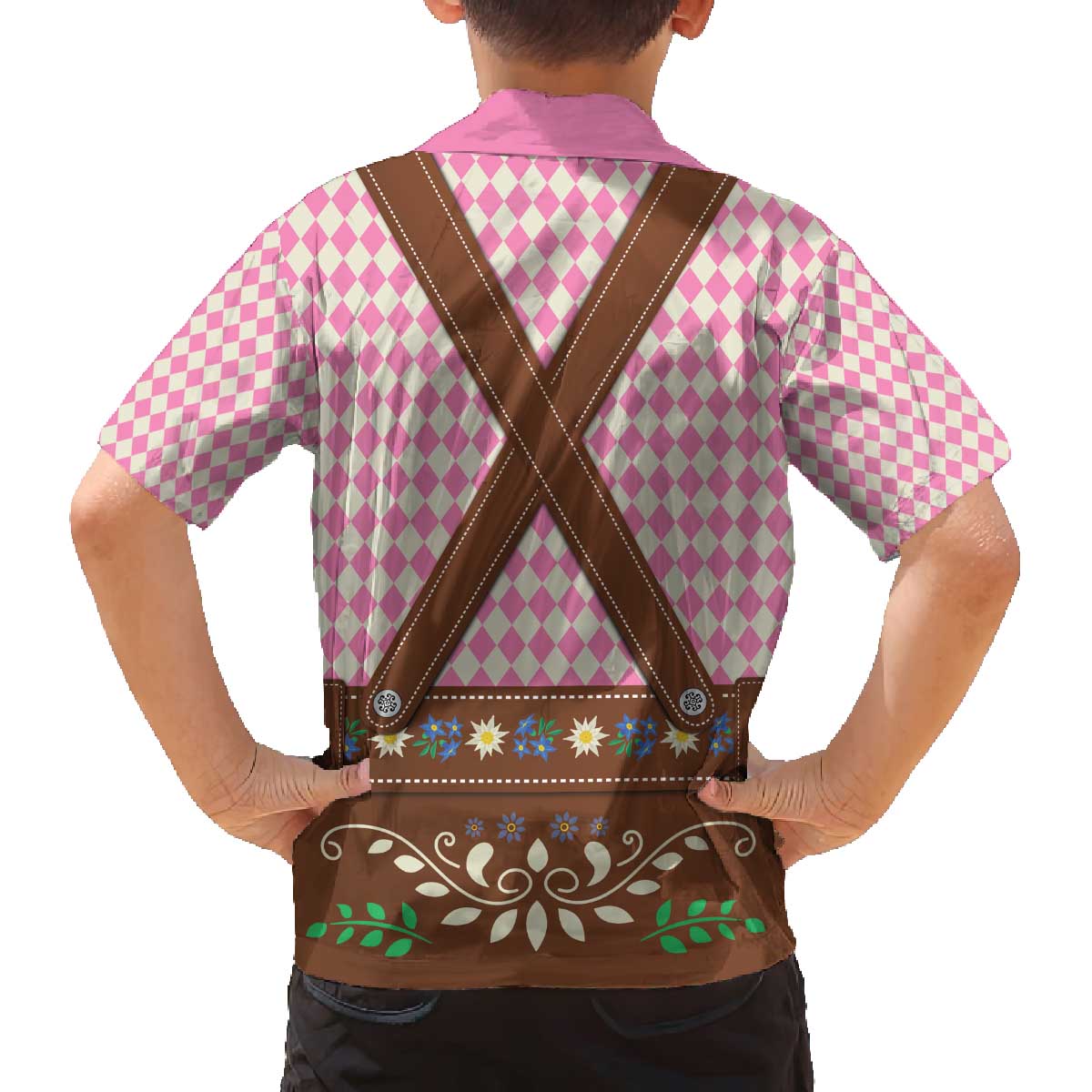 Lederhosen Oktoberfest Family Matching Off The Shoulder Long Sleeve Dress and Hawaiian Shirt Pink Edelweiss Floral Polka Dots - Wonder Print Shop