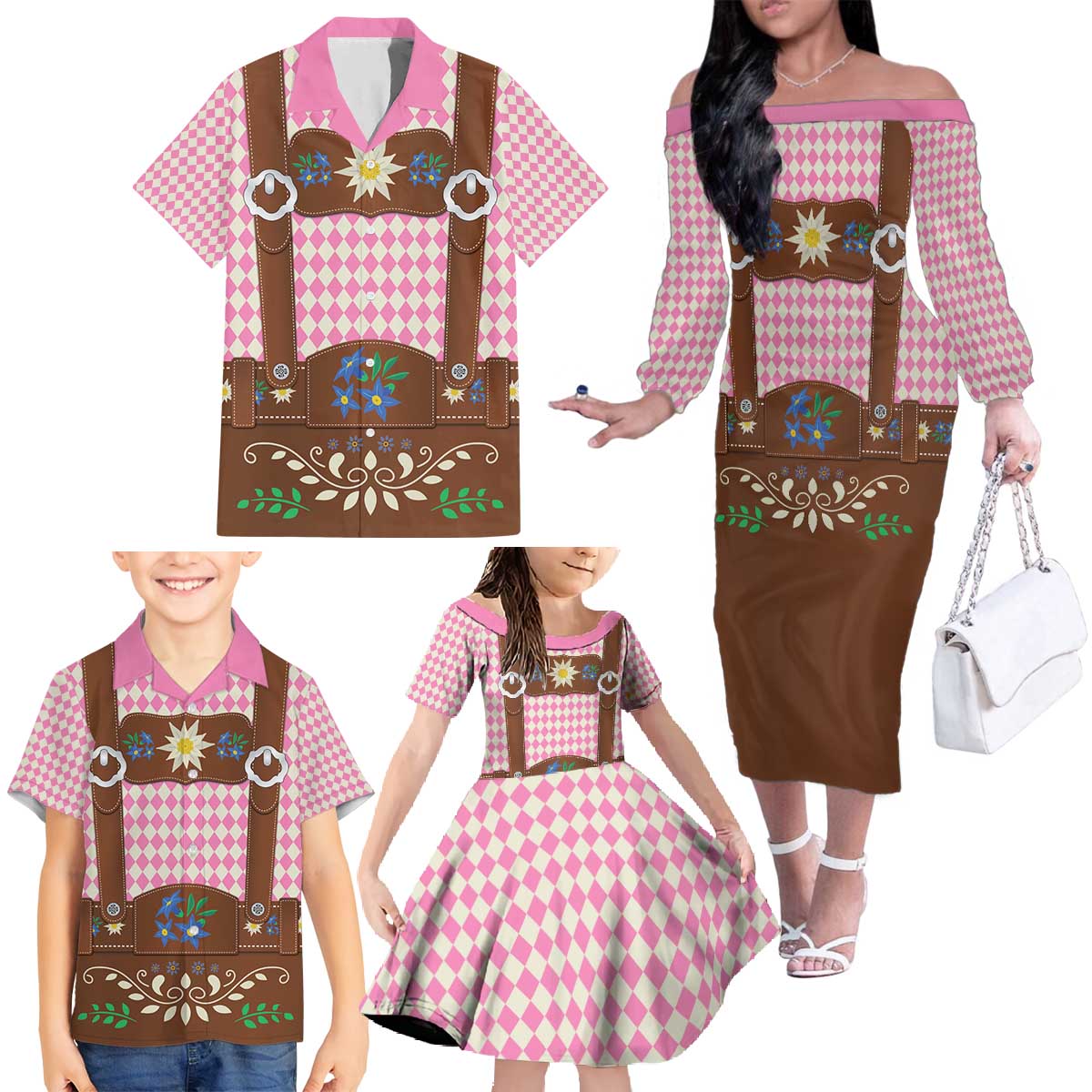 Lederhosen Oktoberfest Family Matching Off The Shoulder Long Sleeve Dress and Hawaiian Shirt Pink Edelweiss Floral Polka Dots - Wonder Print Shop