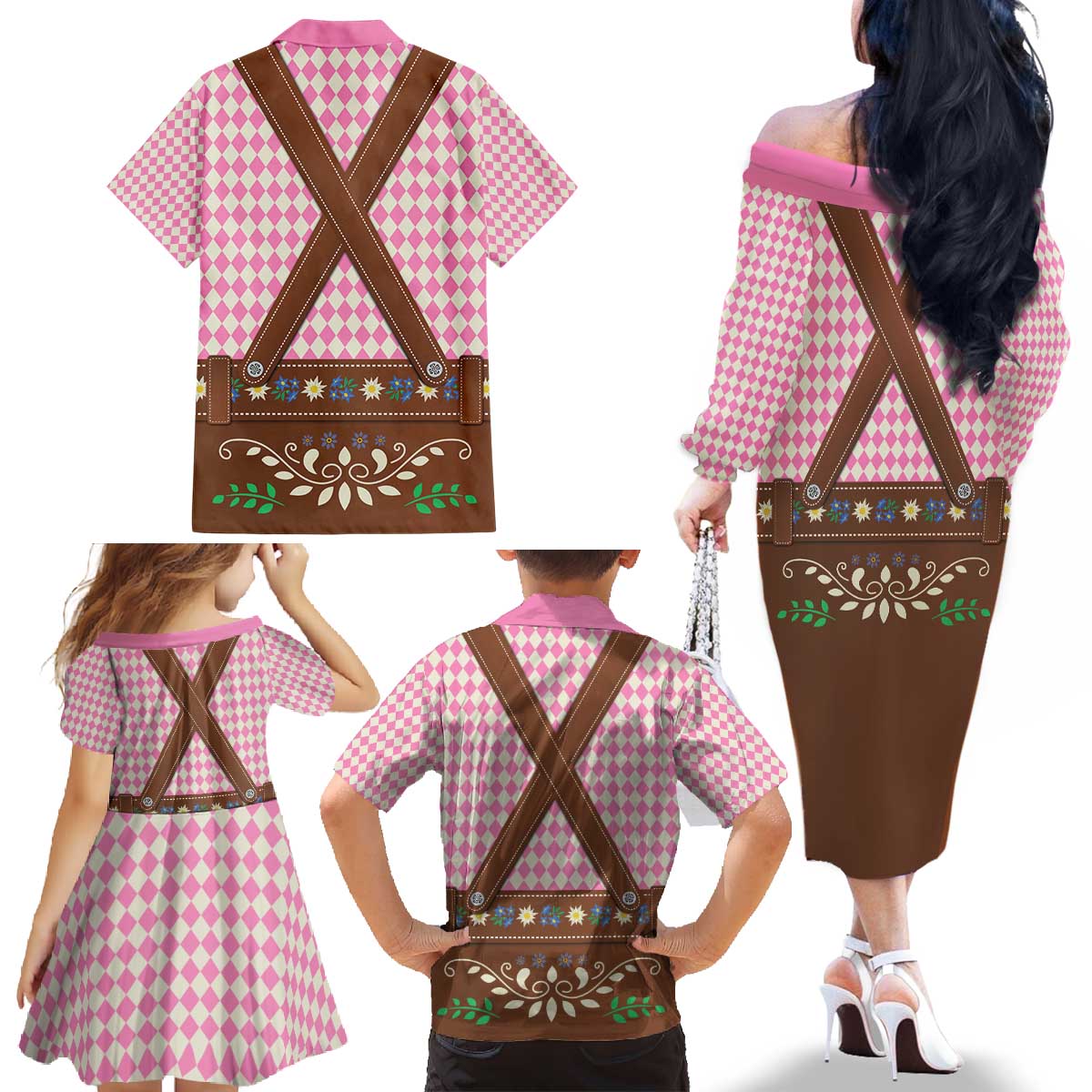Lederhosen Oktoberfest Family Matching Off The Shoulder Long Sleeve Dress and Hawaiian Shirt Pink Edelweiss Floral Polka Dots - Wonder Print Shop