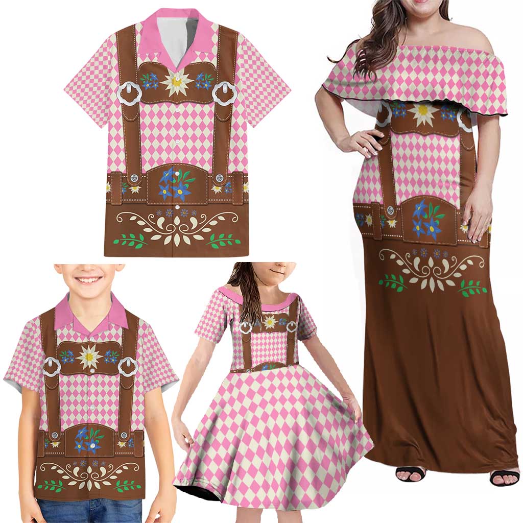 Lederhosen Oktoberfest Family Matching Off Shoulder Maxi Dress and Hawaiian Shirt Pink Edelweiss Floral Polka Dots - Wonder Print Shop