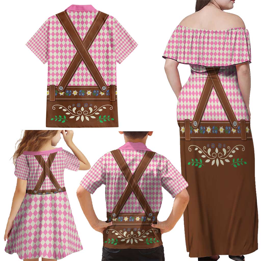 Lederhosen Oktoberfest Family Matching Off Shoulder Maxi Dress and Hawaiian Shirt Pink Edelweiss Floral Polka Dots - Wonder Print Shop