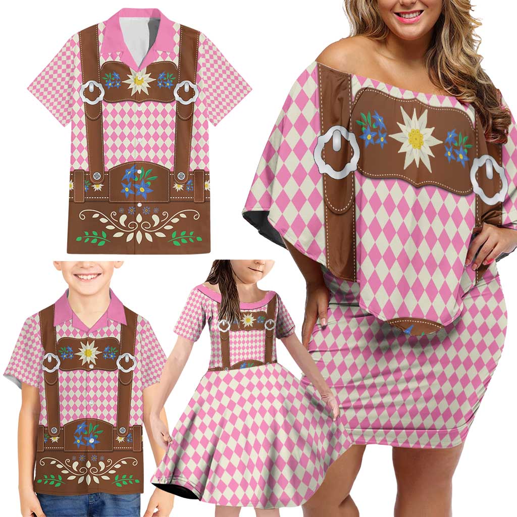 Lederhosen Oktoberfest Family Matching Off Shoulder Short Dress and Hawaiian Shirt Pink Edelweiss Floral Polka Dots - Wonder Print Shop
