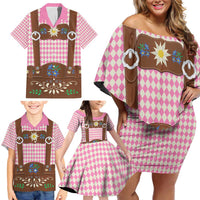 Lederhosen Oktoberfest Family Matching Off Shoulder Short Dress and Hawaiian Shirt Pink Edelweiss Floral Polka Dots - Wonder Print Shop