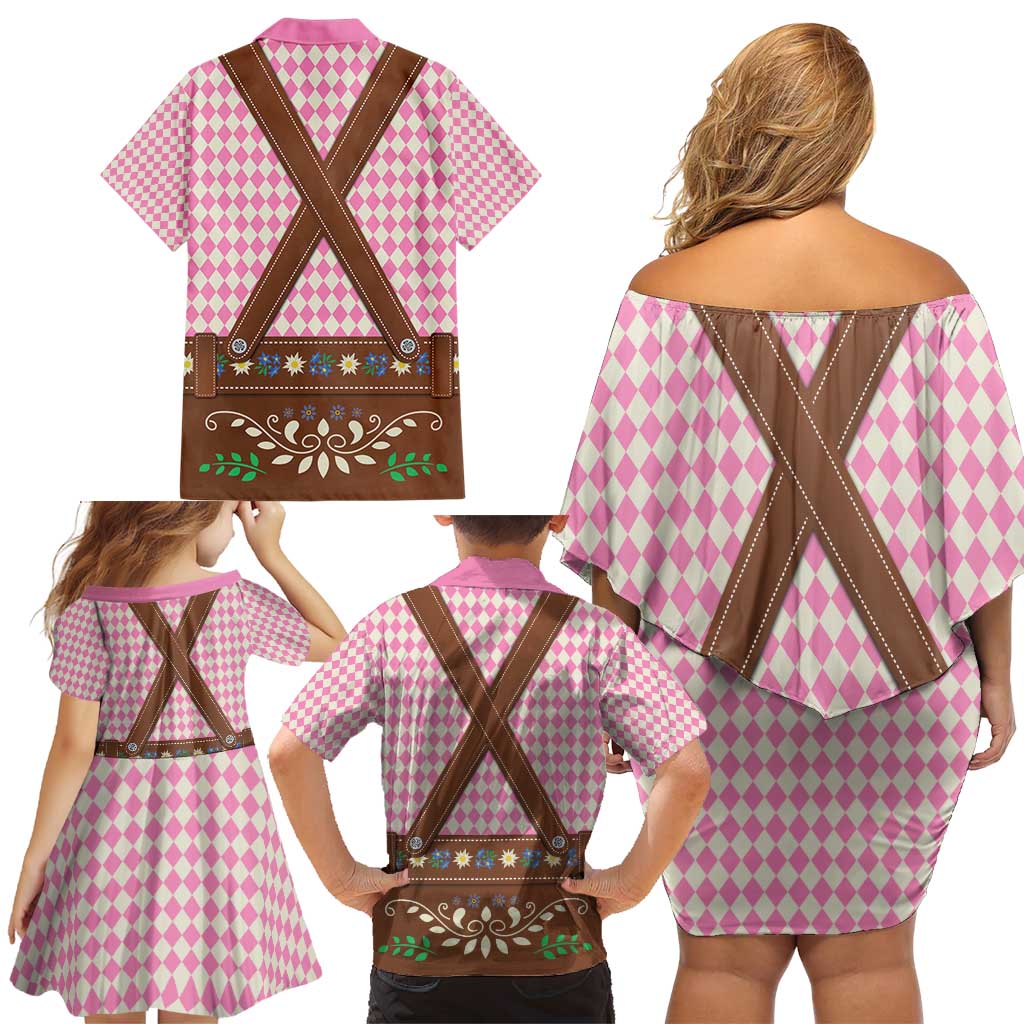 Lederhosen Oktoberfest Family Matching Off Shoulder Short Dress and Hawaiian Shirt Pink Edelweiss Floral Polka Dots - Wonder Print Shop