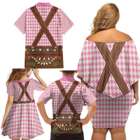 Lederhosen Oktoberfest Family Matching Off Shoulder Short Dress and Hawaiian Shirt Pink Edelweiss Floral Polka Dots - Wonder Print Shop