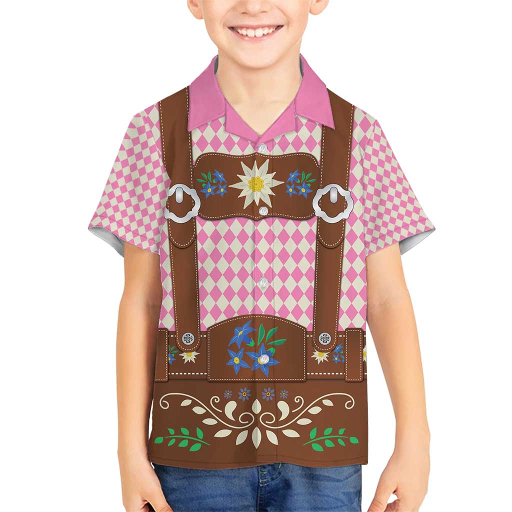 Lederhosen Oktoberfest Family Matching Off Shoulder Short Dress and Hawaiian Shirt Pink Edelweiss Floral Polka Dots - Wonder Print Shop