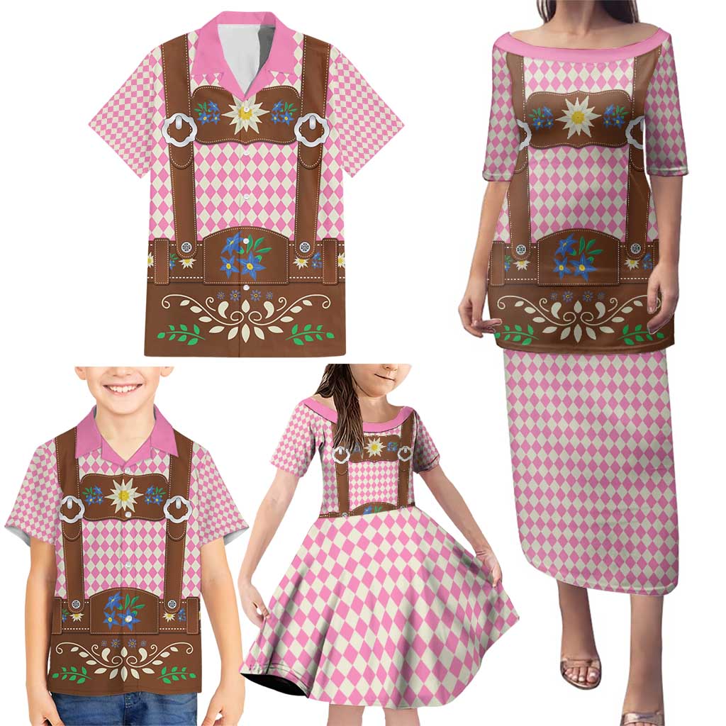 Lederhosen Oktoberfest Family Matching Puletasi and Hawaiian Shirt Pink Edelweiss Floral Polka Dots - Wonder Print Shop