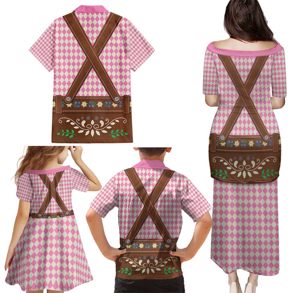 Lederhosen Oktoberfest Family Matching Puletasi and Hawaiian Shirt Pink Edelweiss Floral Polka Dots - Wonder Print Shop