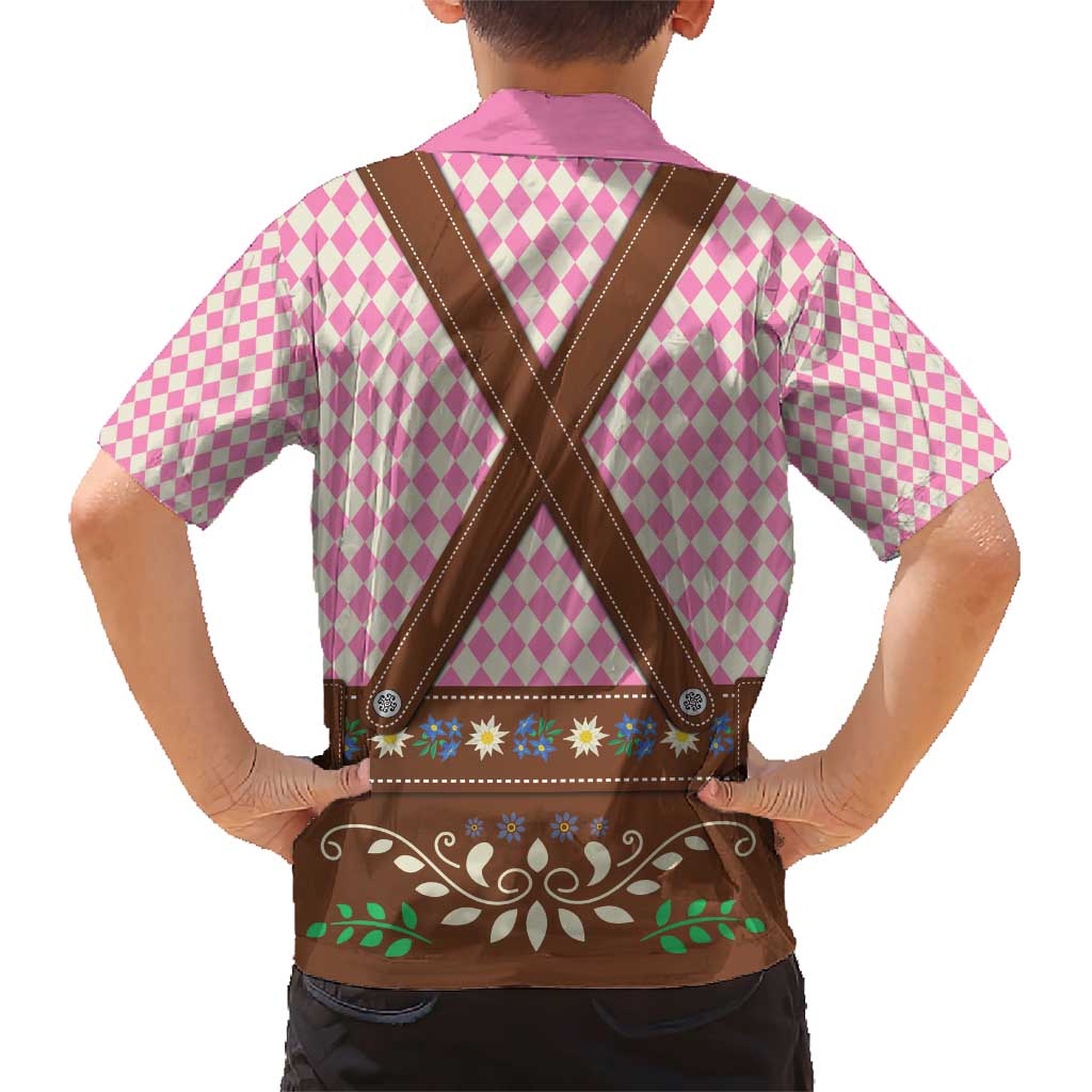 Lederhosen Oktoberfest Family Matching Short Sleeve Bodycon Dress and Hawaiian Shirt Pink Edelweiss Floral Polka Dots - Wonder Print Shop