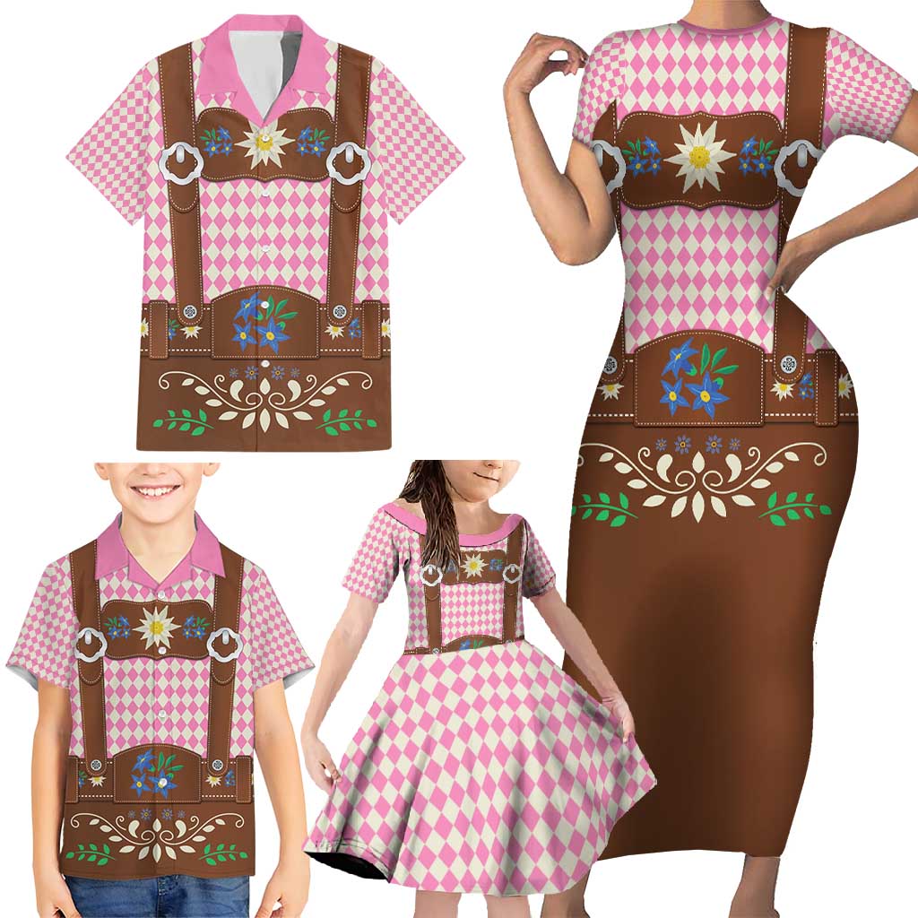 Lederhosen Oktoberfest Family Matching Short Sleeve Bodycon Dress and Hawaiian Shirt Pink Edelweiss Floral Polka Dots - Wonder Print Shop