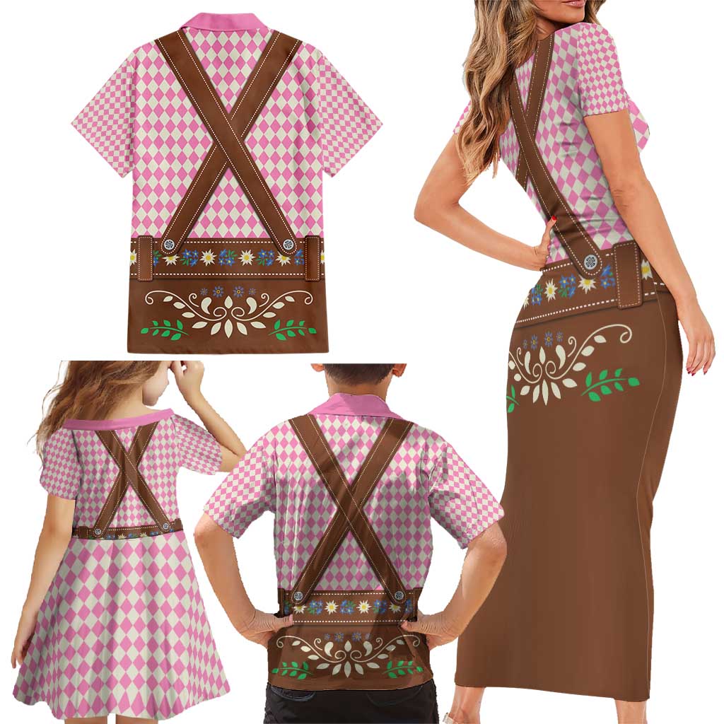 Lederhosen Oktoberfest Family Matching Short Sleeve Bodycon Dress and Hawaiian Shirt Pink Edelweiss Floral Polka Dots - Wonder Print Shop