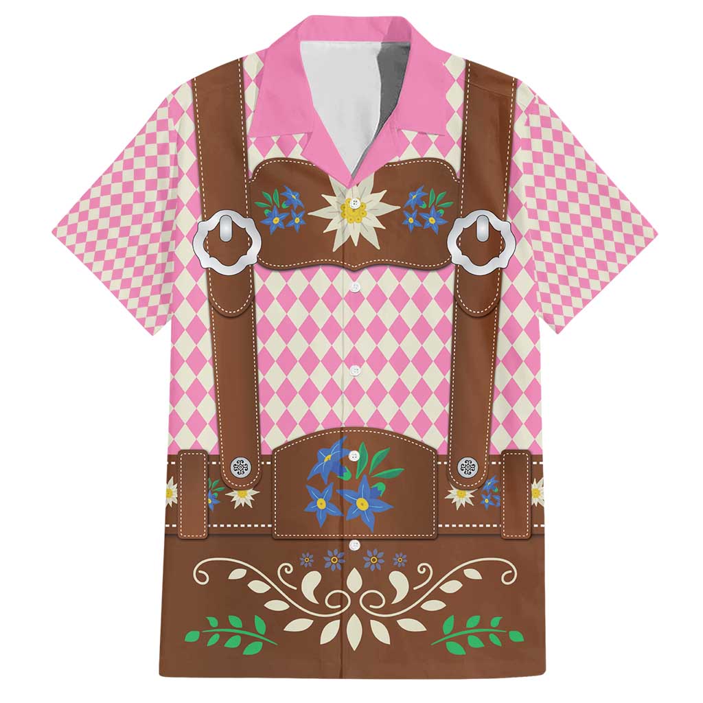 Lederhosen Oktoberfest Family Matching Short Sleeve Bodycon Dress and Hawaiian Shirt Pink Edelweiss Floral Polka Dots - Wonder Print Shop