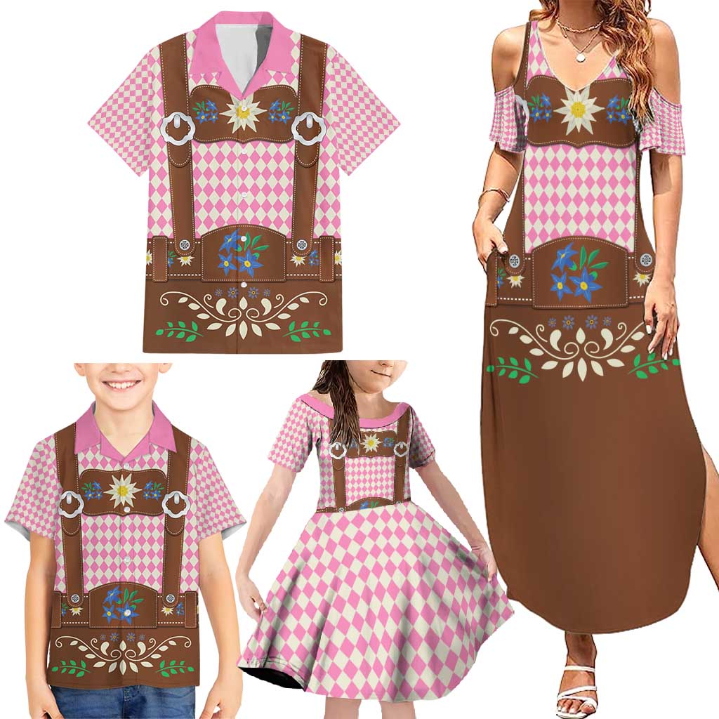 Lederhosen Oktoberfest Family Matching Summer Maxi Dress and Hawaiian Shirt Pink Edelweiss Floral Polka Dots - Wonder Print Shop