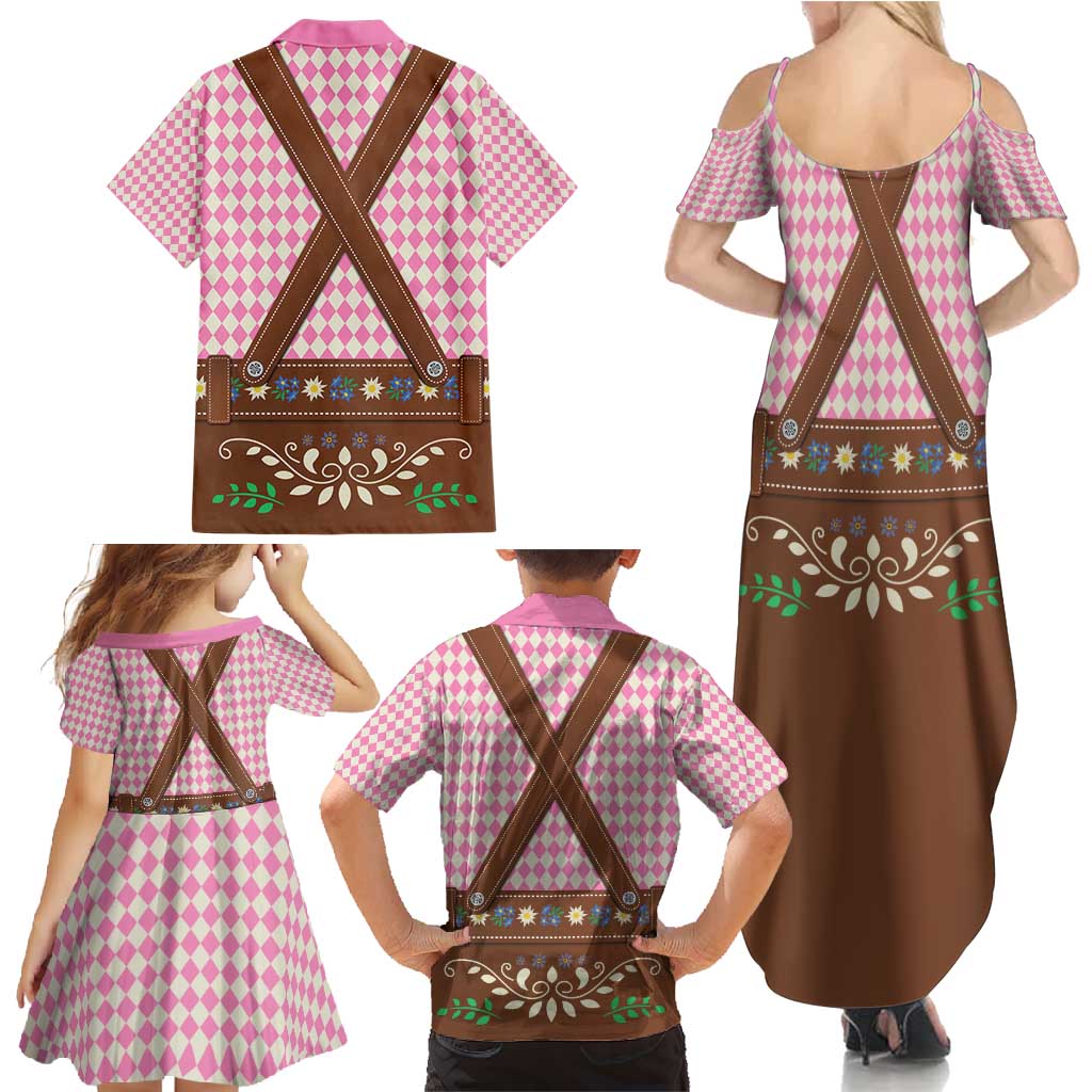 Lederhosen Oktoberfest Family Matching Summer Maxi Dress and Hawaiian Shirt Pink Edelweiss Floral Polka Dots - Wonder Print Shop