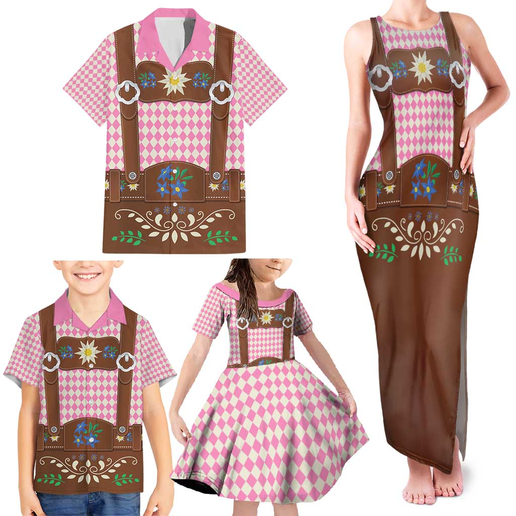 Lederhosen Oktoberfest Family Matching Tank Maxi Dress and Hawaiian Shirt Pink Edelweiss Floral Polka Dots - Wonder Print Shop