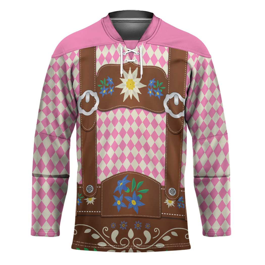 Lederhosen Oktoberfest Hockey Jersey Pink Edelweiss Floral Polka Dots - Wonder Print Shop