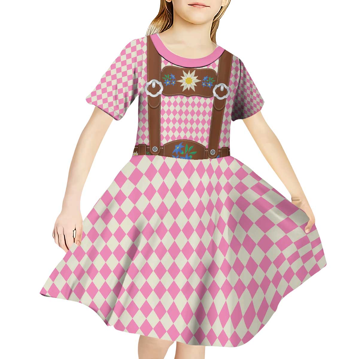 Lederhosen Oktoberfest Kid Short Sleeve Dress Pink Edelweiss Floral Polka Dots - Wonder Print Shop