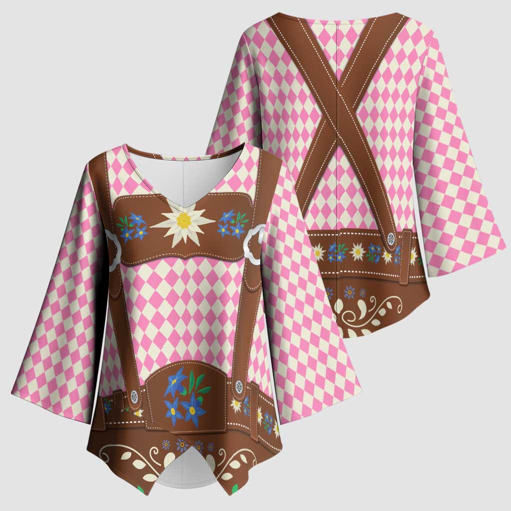 Lederhosen Oktoberfest Kimono Sleeve Blouse Pink Edelweiss Floral Polka Dots - Wonder Print Shop