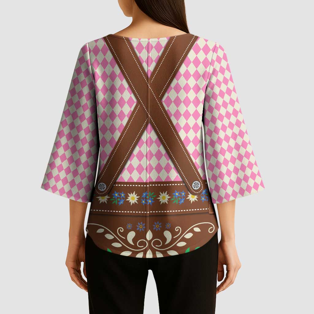 Lederhosen Oktoberfest Kimono Sleeve Blouse Pink Edelweiss Floral Polka Dots - Wonder Print Shop