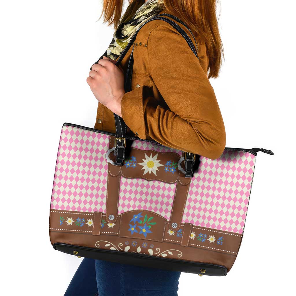 Lederhosen Oktoberfest Leather Tote Bag Pink Edelweiss Floral Polka Dots - Wonder Print Shop