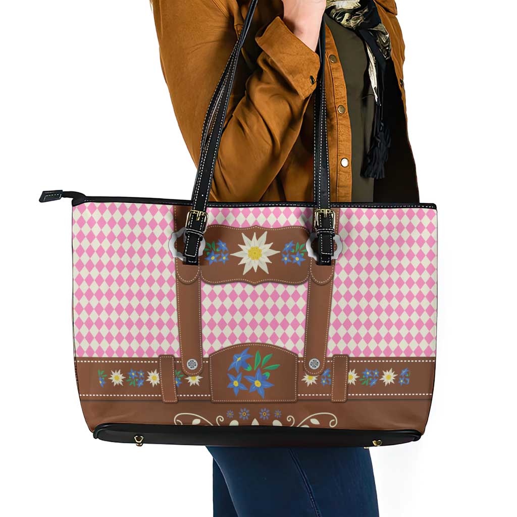 Lederhosen Oktoberfest Leather Tote Bag Pink Edelweiss Floral Polka Dots - Wonder Print Shop