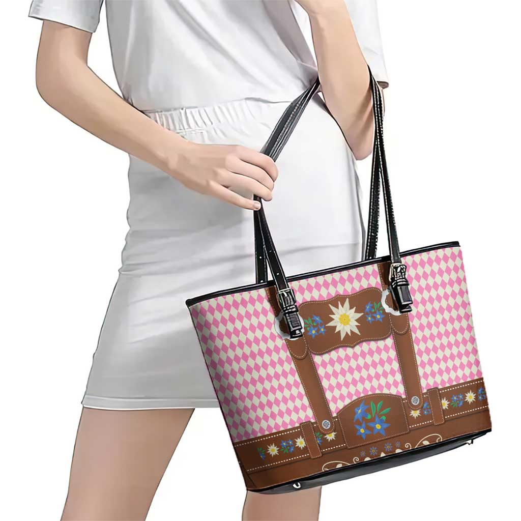 Lederhosen Oktoberfest Leather Tote Bag Pink Edelweiss Floral Polka Dots - Wonder Print Shop