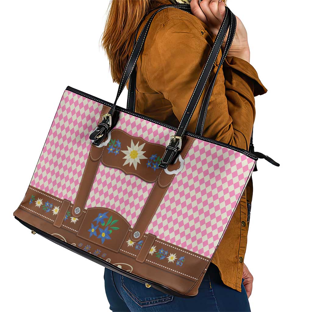 Lederhosen Oktoberfest Leather Tote Bag Pink Edelweiss Floral Polka Dots - Wonder Print Shop