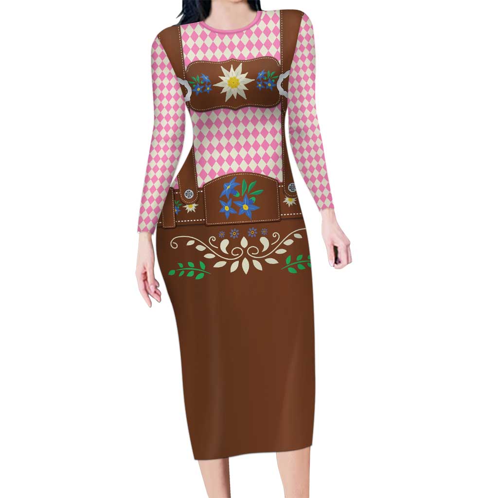 Lederhosen Oktoberfest Long Sleeve Bodycon Dress Pink Edelweiss Floral Polka Dots - Wonder Print Shop